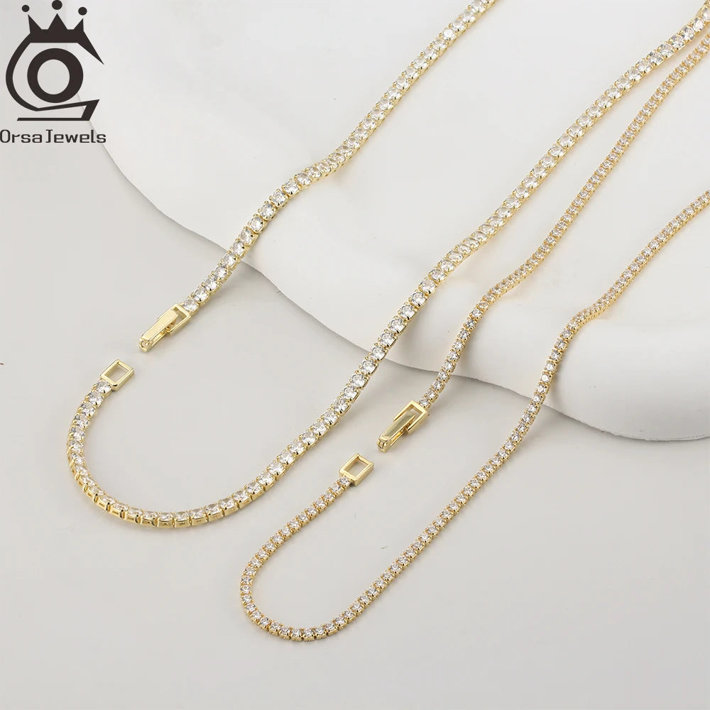 ORSA JEWELS Genuine 925 Sterling Silver Zirconia Tennis Chain Necklace 14K Gold Plated 42-43 cm for Women Girls Jewelry GZN379