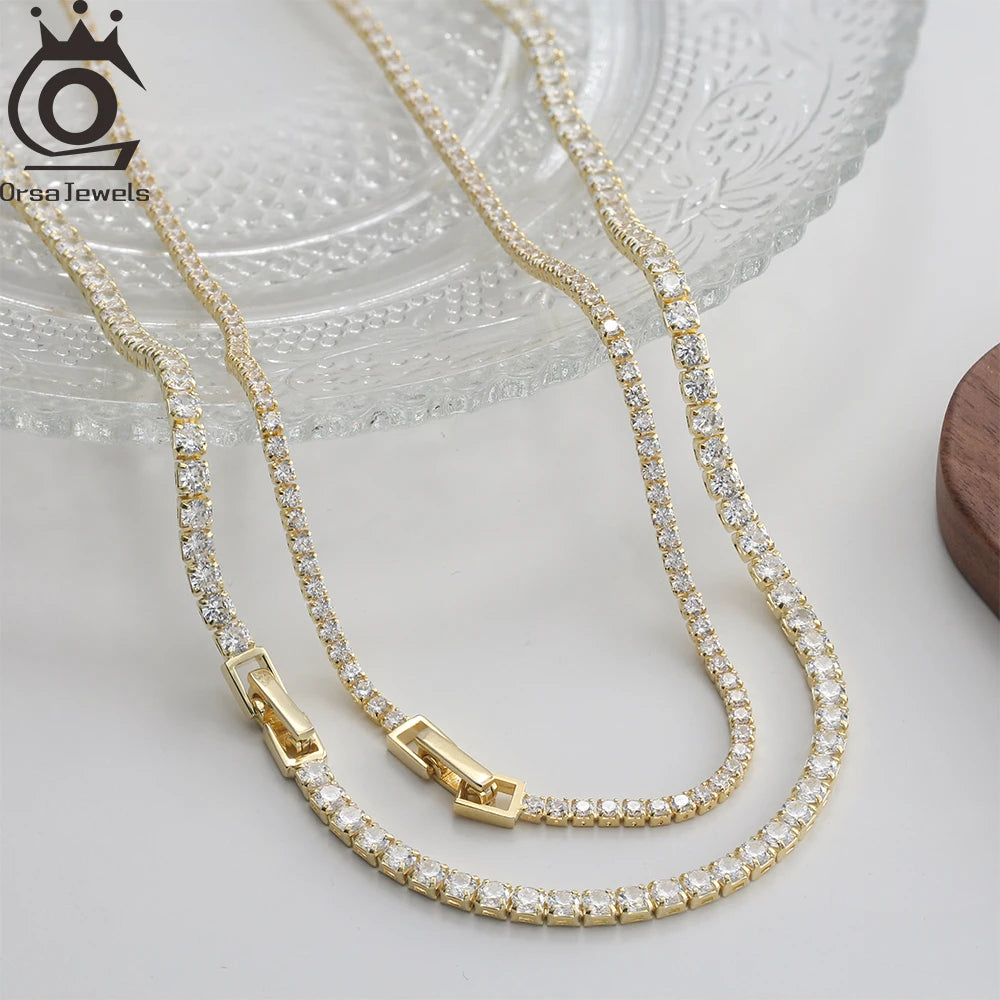 ORSA JEWELS Genuine 925 Sterling Silver Zirconia Tennis Chain Necklace 14K Gold Plated 42-43 cm for Women Girls Jewelry GZN379